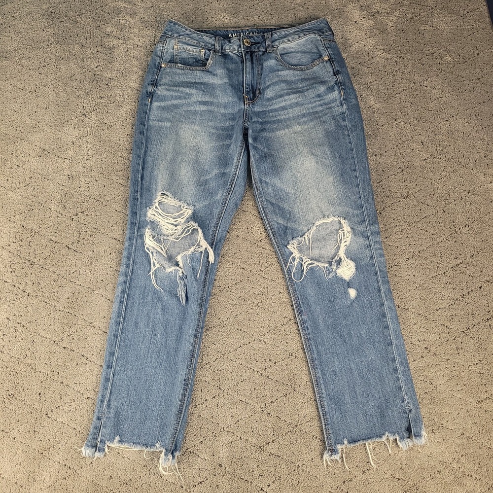 American Eagle Jeans Womens 6 Blue Hi Rise Tomgirl Honeycomb Distressed Raw‎ Hem